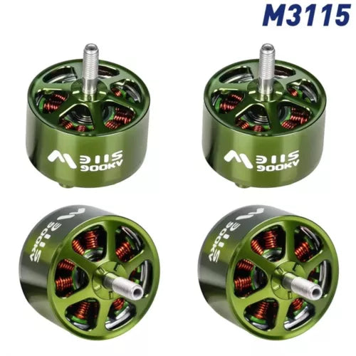 Brushless motor 3115 with green housing, silver shaft, and four red coil stators