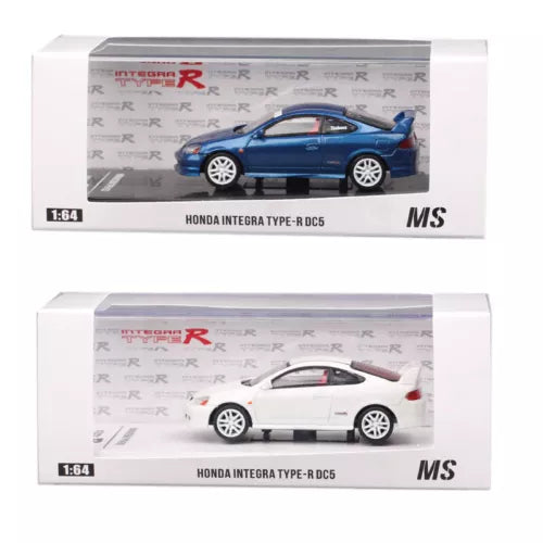 1:64 diecast Honda Integra Type R DC5 car models, blue and white in boxes