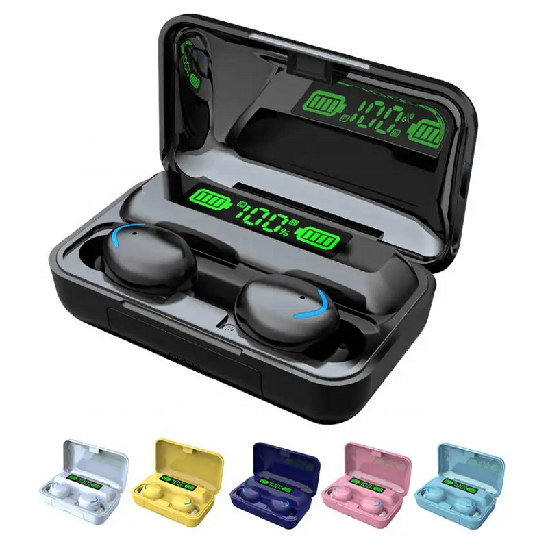 Wireless earbuds with charging case, black; LED display on case and earbuds