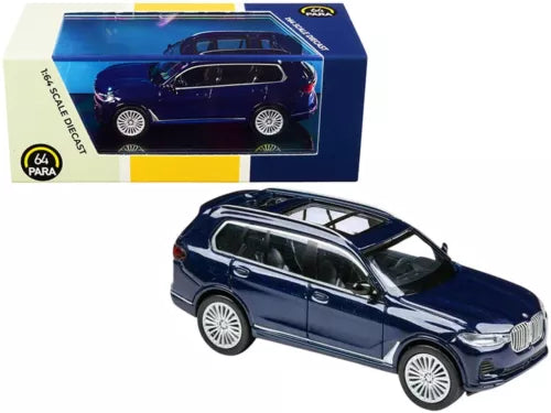BMW X7 diecast model car, tanzanite blue metallic SUV with detailed wheels