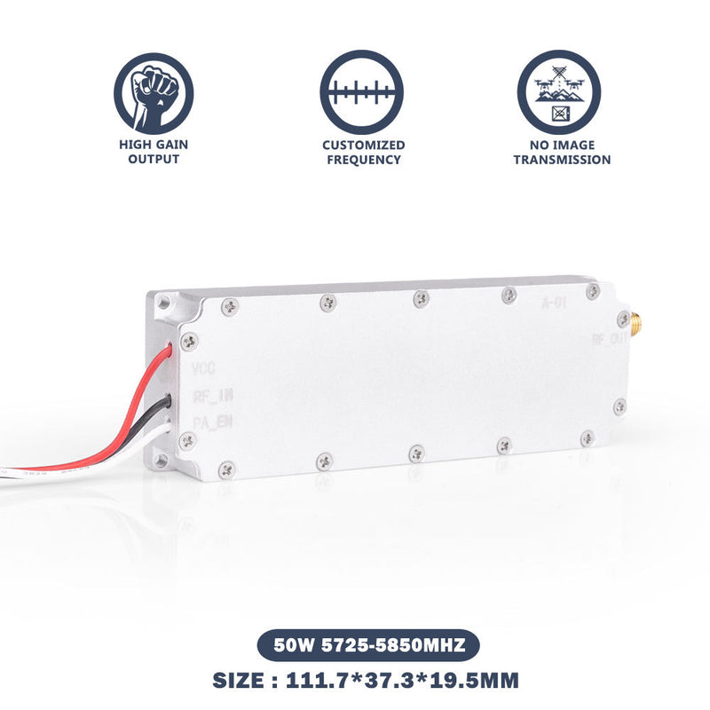 RF anti-drone amplifier module, 50W 5725-5850MHz, metal case, cable connectors