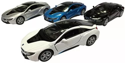 Set of 4 1:36 diecast BMW i8 toy cars, silver, blue, black, and white pull-back