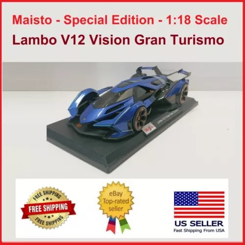Blue and black Lamborghini die-cast model car on display base, 1:18 scale