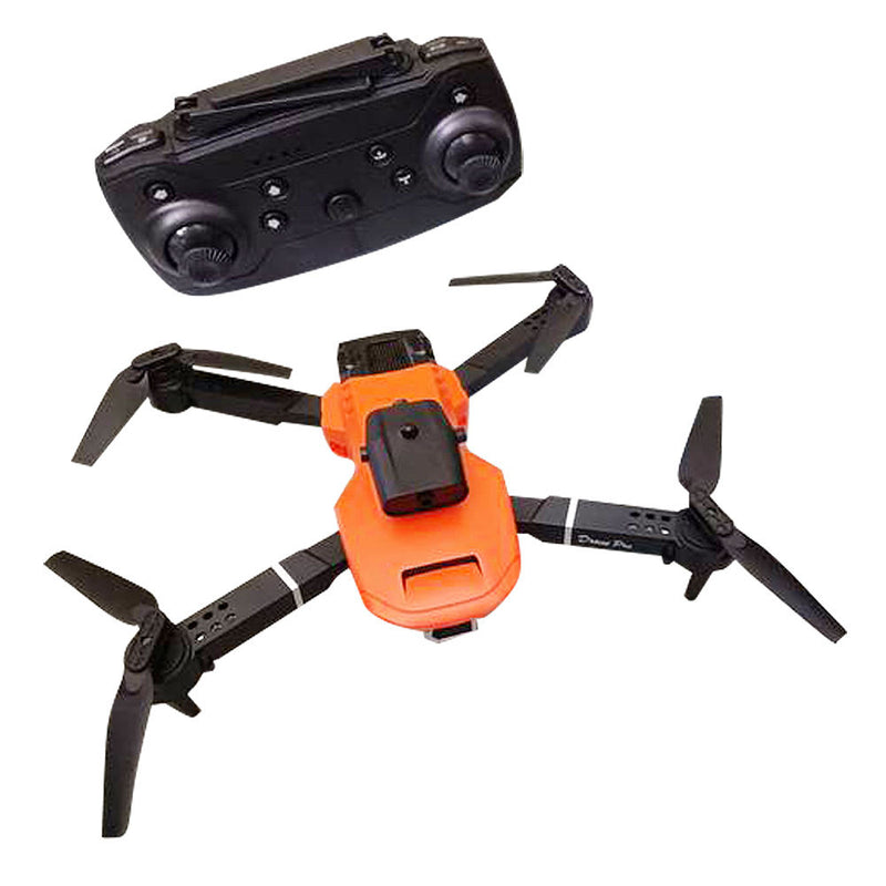 Orange mini quadcopter drone with black controller, four propellers and camera housing