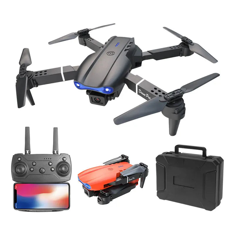 Foldable quadcopter drone with dual camera, blue lights, remote controller and carry case