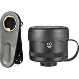 Smartphone telephoto lens with 48mm marking and protective clip case, black