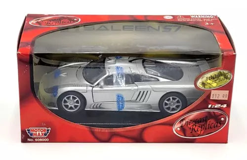 Silver 1:24 scale diecast race car with blue accents in retail box