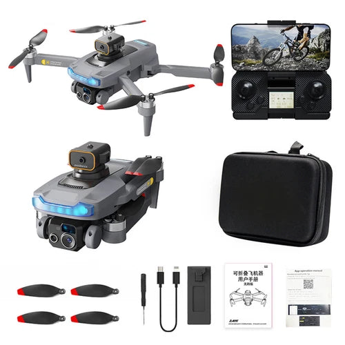 Foldable gray WiFi RC quadcopter with LED lights, 4K camera and remote controller