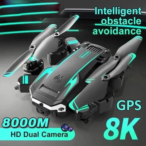 GPS 8K dual-camera drone with teal LED arms and obstacle-avoidance sensors