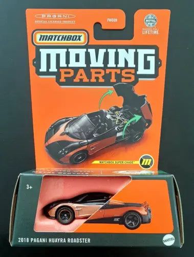 Orange and black diecast car in Matchbox Moving Parts Super Chase box