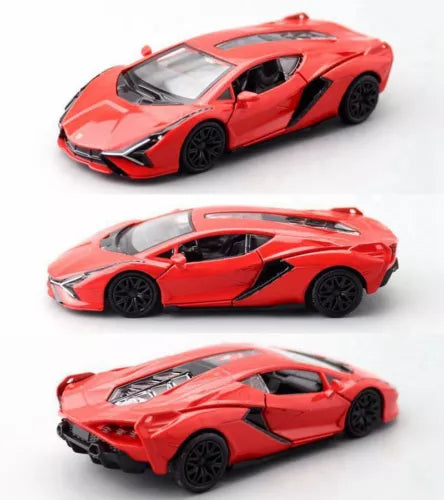 Diecast sports car model in red with black wheels and open door detail