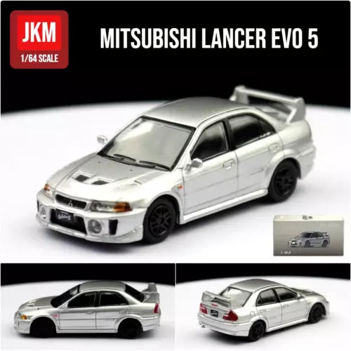 Silver Mitsubishi Lancer Evo 5 diecast model car, 1/64 scale, front 3/4 view