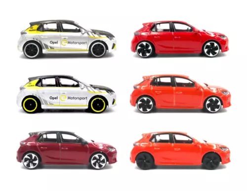 Diecast OPEL Corsa model car assortment, red, orange, white, and maroon views
