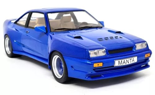 Opel Manta B blue diecast model car, front 3/4 view with chrome wheels
