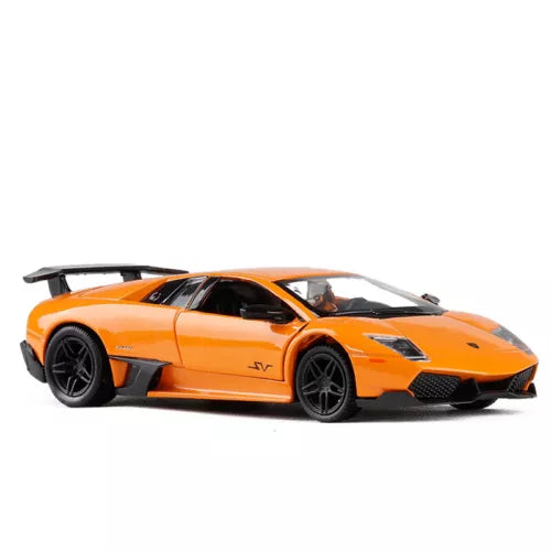 Orange diecast sports car model with black wheels and rear spoiler detail