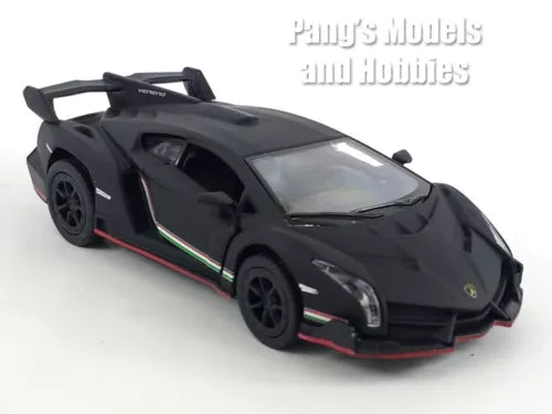 Flat black toy diecast model car, front three-quarter view with black wheels