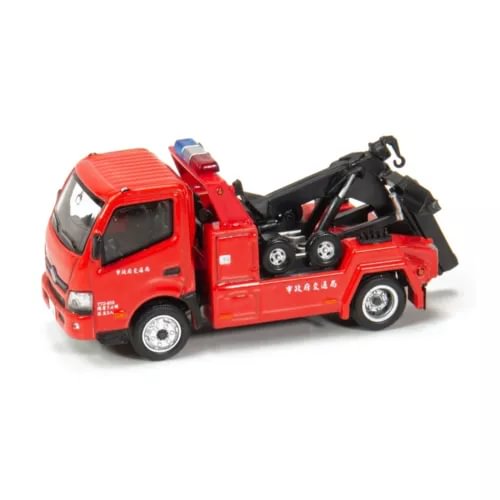 Red tow truck diecast model with open trailer, detailed cab and wheels