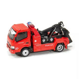 Red tow truck diecast model with open trailer, detailed cab and wheels