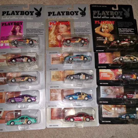 Die-cast cars in blister packs with PLAYBOY collectible car boxes, assorted designs