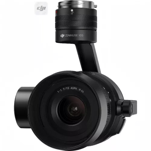 Black gimbal camera with large lens and textured barrel, 15mm f/1.7 markings