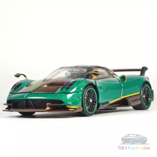 1/32 diecast Pagani Huayra Roadster BC model car, green, front three-quarter view