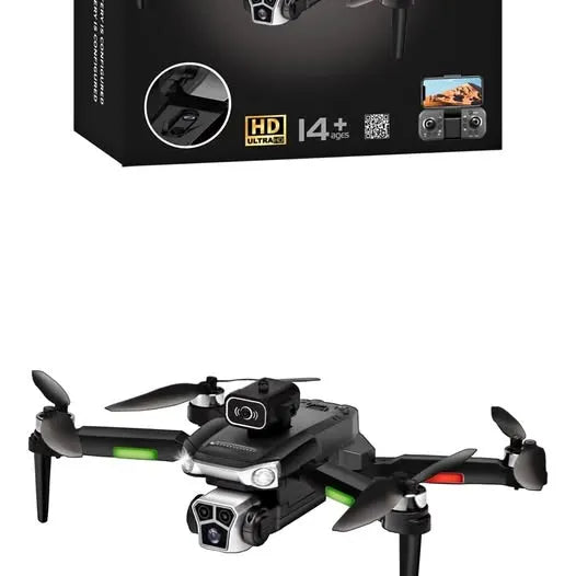Ultra HD quadcopter drone with front camera and four propellers, black body.