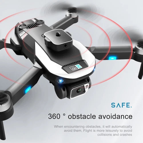 Gray quadcopter drone with camera, front view, obstacle avoidance sensors