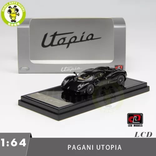 1:64 black Pagani Utopia diecast model car on display base, clear case