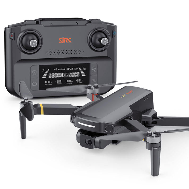 Quadcopter drone with dark remote controller, 4 propellers and front camera