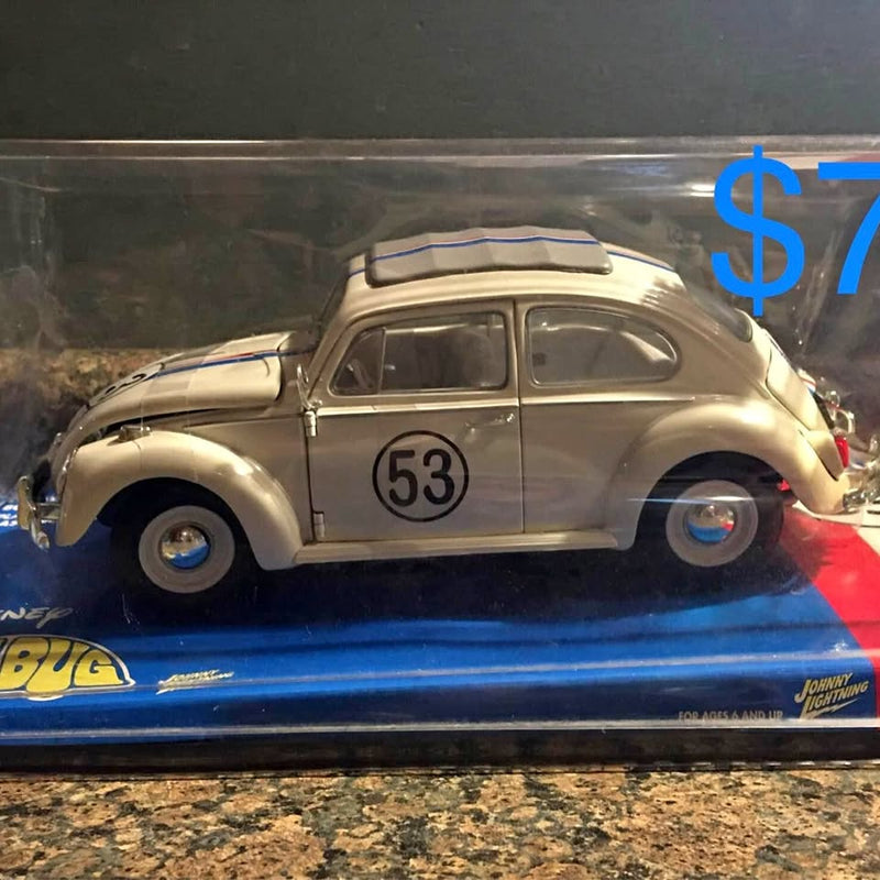 Volkswagen diecast classic Beetle with blue stripe, number 53, gray and white body