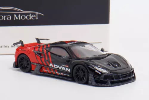 1:64 diecast metal sport car model, black with red racing stripes, front 3/4 view