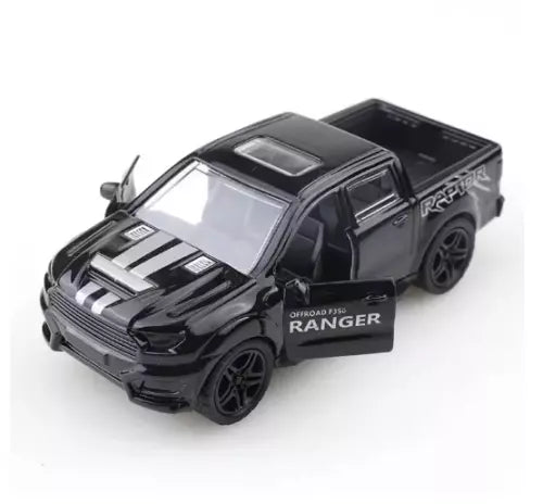 Black diecast pickup truck model with RANGER side decal, pull-back toy