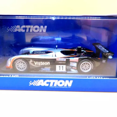 1:43 scale Panoz racecar diecast model, dark blue with orange and white wheels
