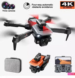 RC quadcopter drone with three cameras, gray body and red accents, plus controller and case