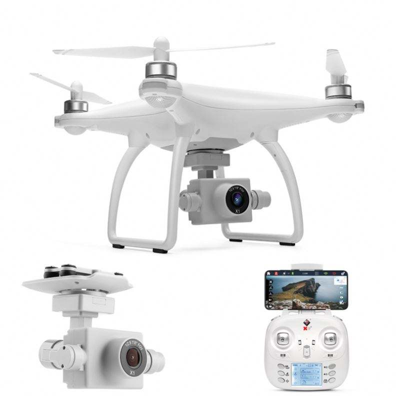White quadcopter drone with dual cameras and foldable arms, plus handheld remote controller