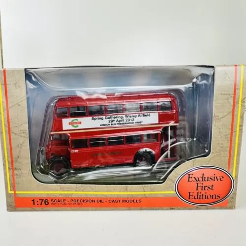 Red 1:76 diecast bus model in retail display box, front view