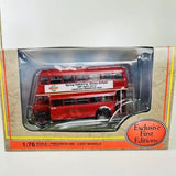 Red 1:76 diecast bus model in retail display box, front view