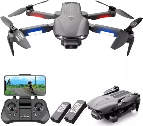 GPS camera drone with remote controller, two batteries, and screen view