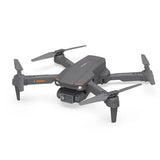Smart quadcopter drone with four rotors and front camera, dark gray