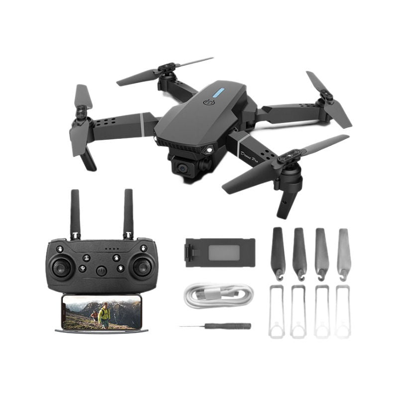 Kids remote-control quadcopter drone with camera, controller, and accessory parts kit