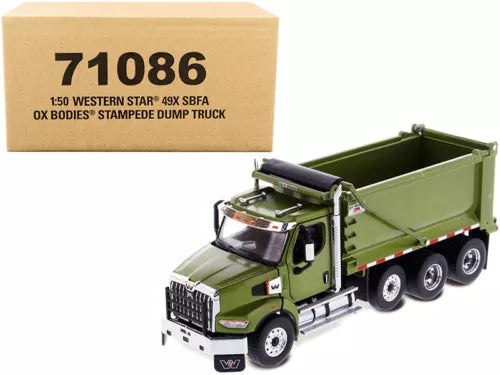 1/50 diecast dump truck model with green cab and open dump bed, plus box