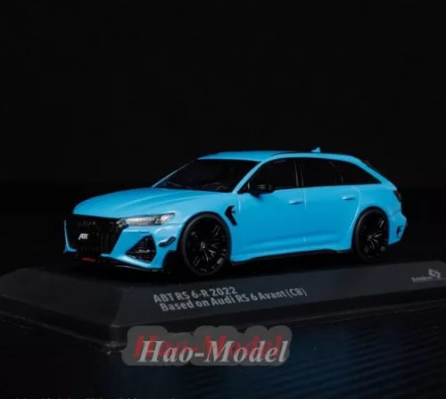 Blue alloy diecast model car, front three-quarter view, RS6 style.