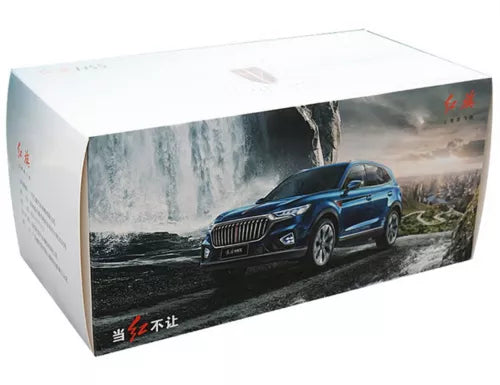 Diecast SUV model car in retail box, blue vehicle artwork on the package