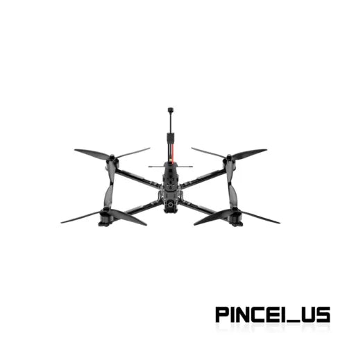 Quadcopter racing drone with four propellers and central camera module, black frame