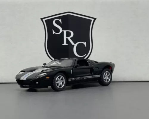 Black diecast sports model car with hood stripes, front three-quarter view, detailed wheels