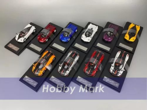 1:64 diecast supercar model set with multiple cars on display stands