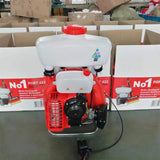 Portable mist sprayer with white tank, red engine housing, black handles and hose