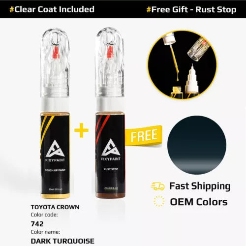 Dark turquoise touch-up paint bottles with clear coat and rust stop (car model set)