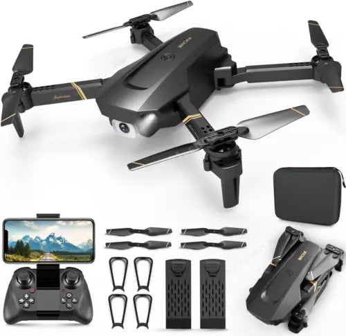 Foldable quadcopter drone with 4-blade propellers and remote controller, dark gray