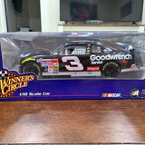 Diecast NASCAR race car, black with red number 3, Goodwrench logo in display box